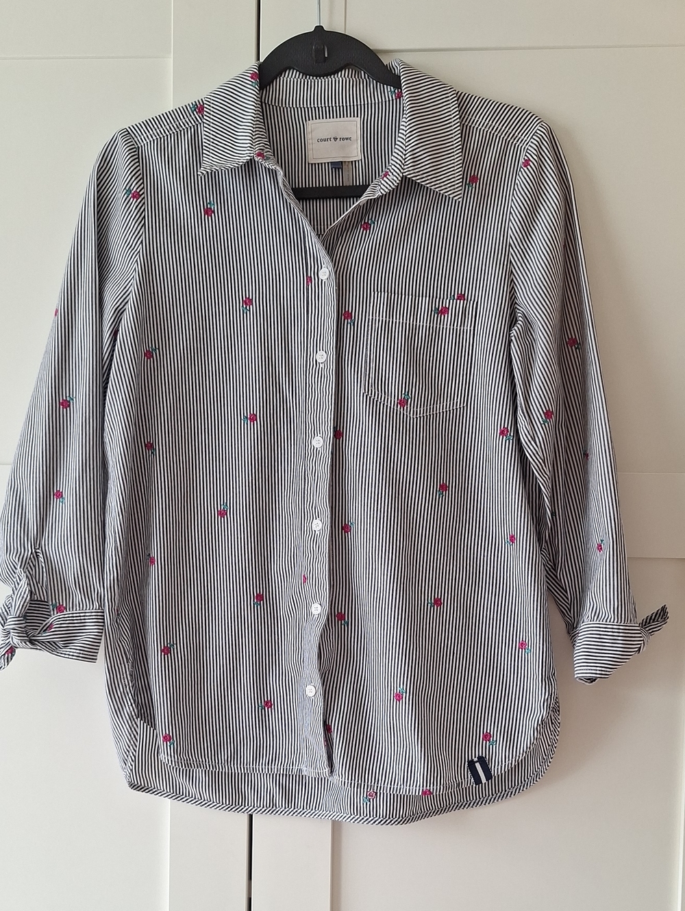 COURT & ROWE Navy Stripe Button-Down Shirt with Pink Cherry Motif
